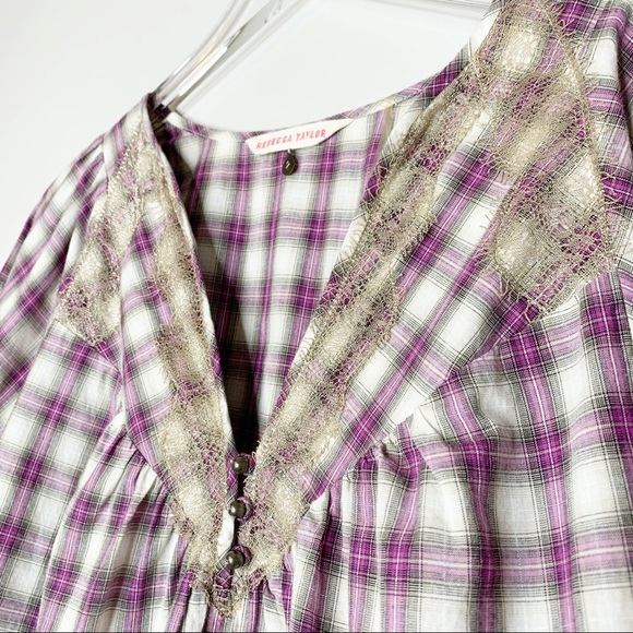 REBECCA TAYLOR Purple Plaid Peasant Blouse Size 2 - Picture 4 of 8